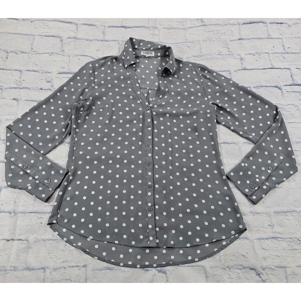 Express Portofino Shirt WOMEN M Gray White Polka Dot Slim Fit Blouse Long Sleeve